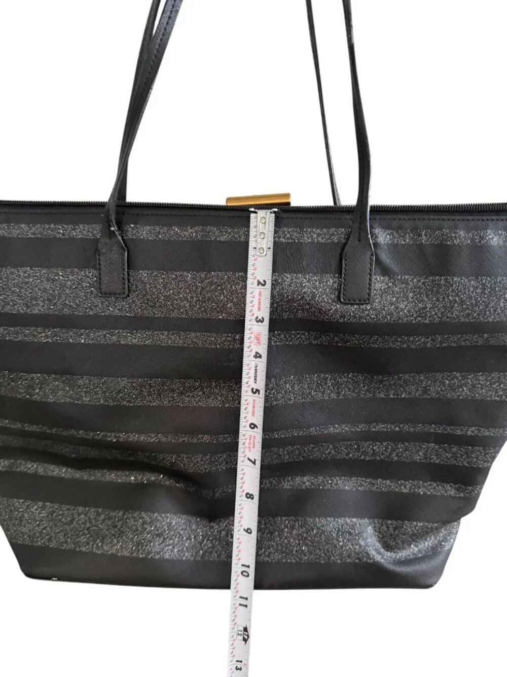 KATE SPADE Black Silver Saffiano Leather Glitter Tote Bag